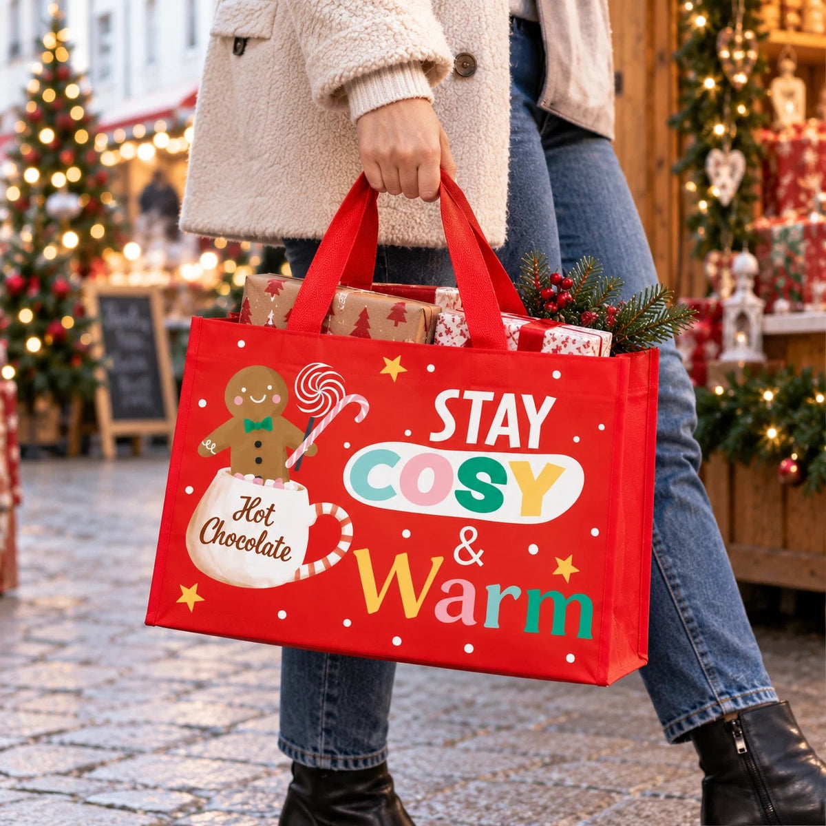 Christmas Shopping Bags Grocery Reusable Tote Bag Handle Waterproof 30x40x10cm