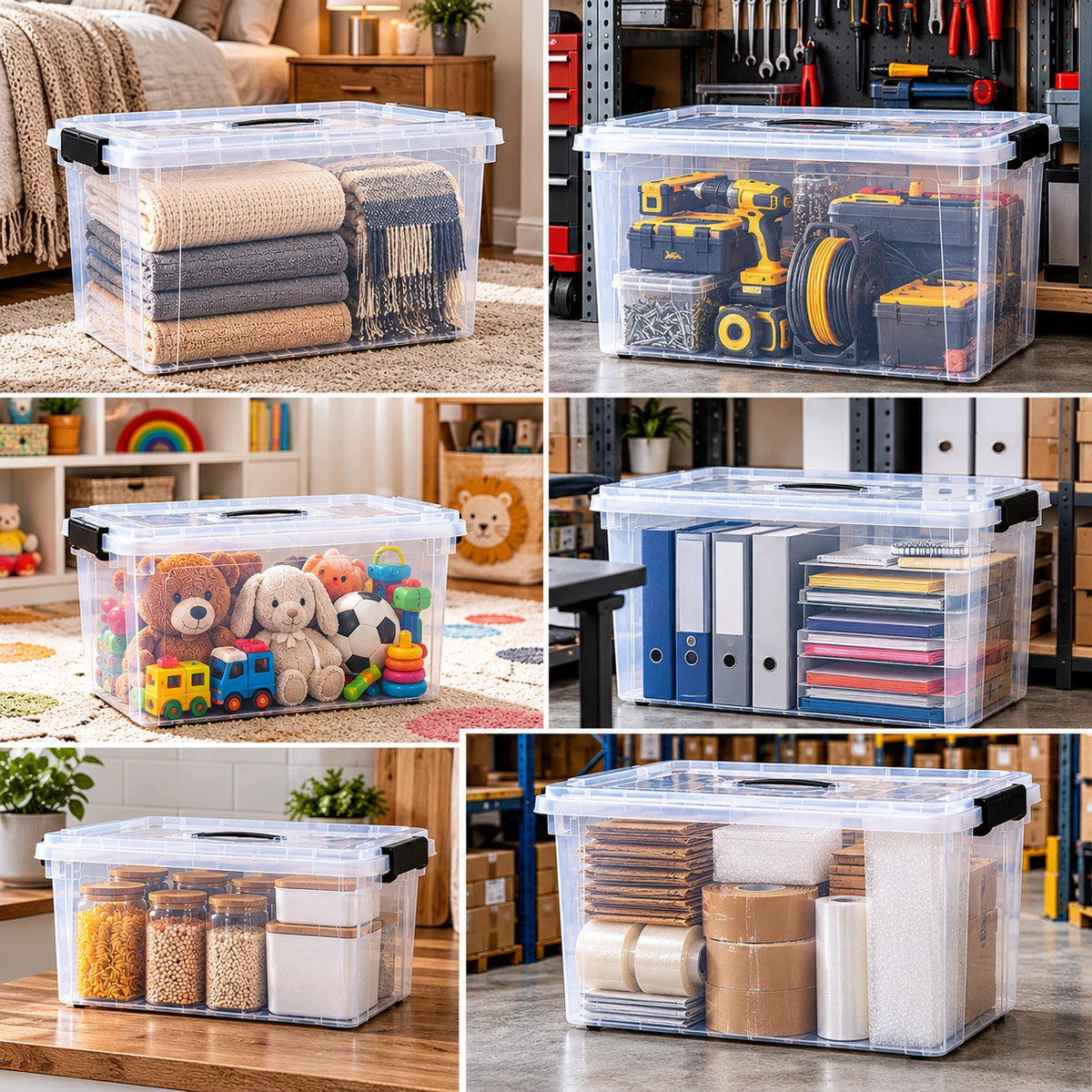 Clear Plastic Storage Boxes with Lids Stackable Box Strong Home Office Kitchen