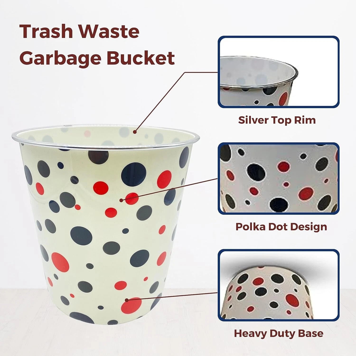 Share 7.7L Waste Paper Dust Bin Round Plastic Polka Dots Black & Red Room Office Home