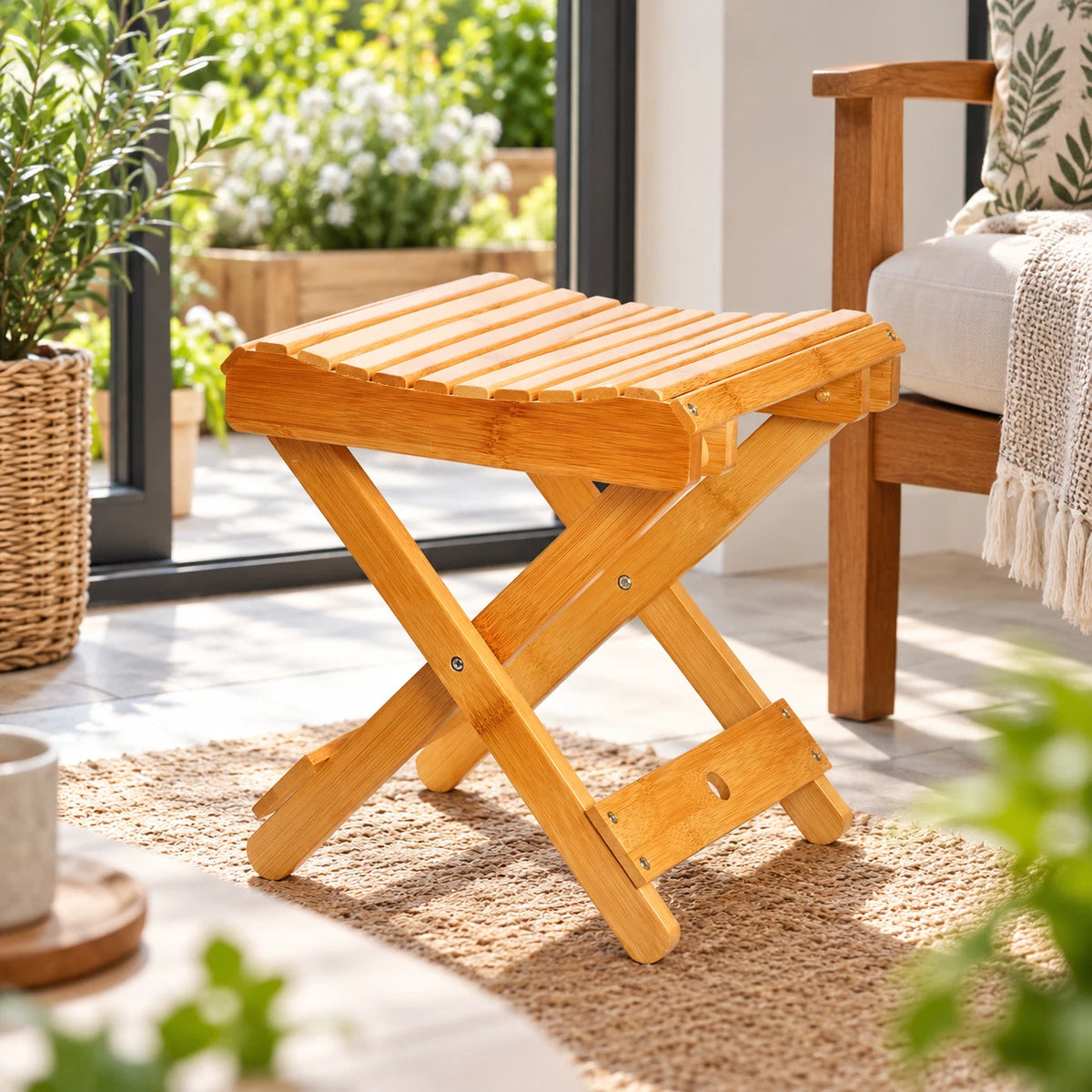 Bamboo Shower Stool Portable Bath Shower Seat Folding Chair Camping Beach Travel