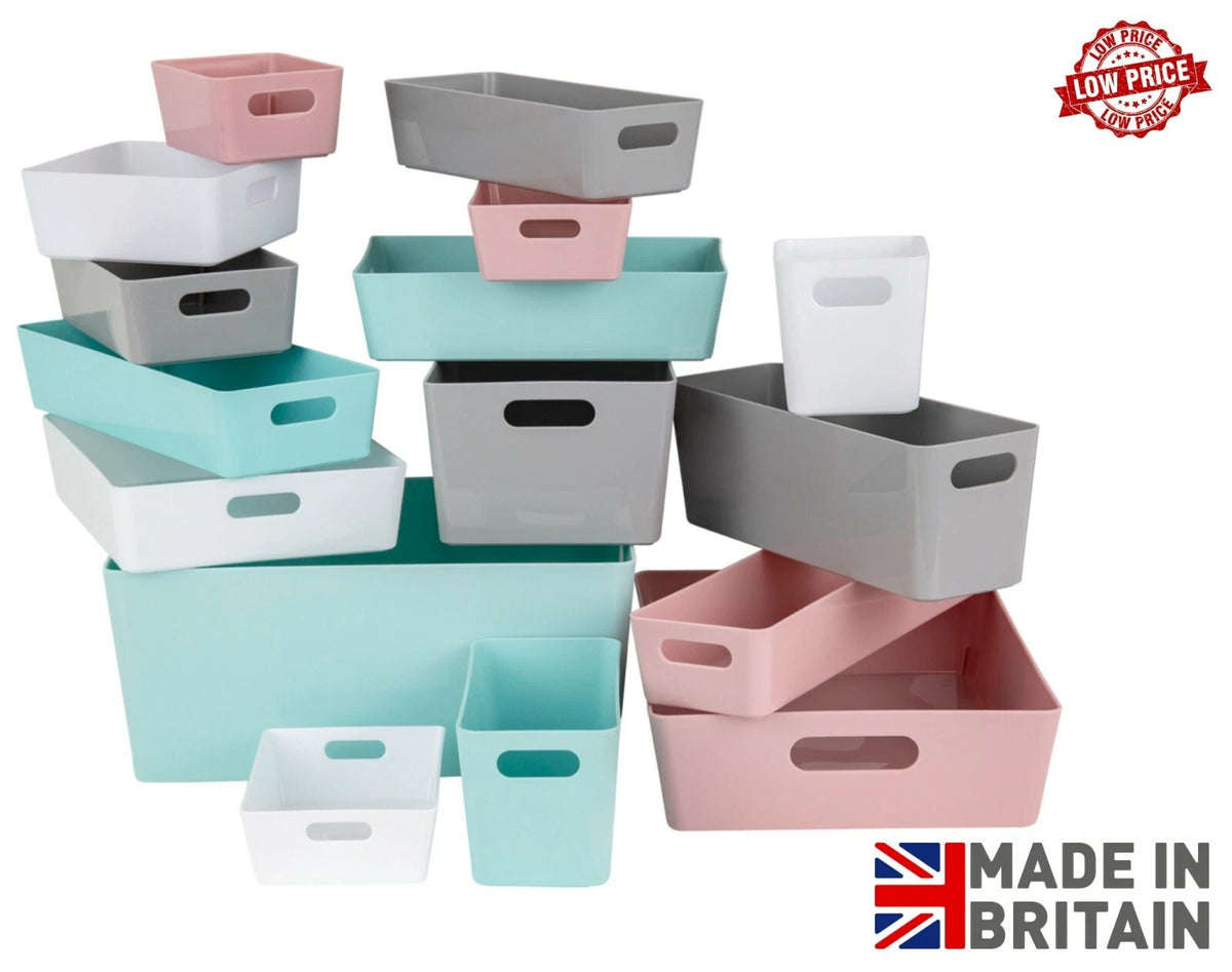 Plastic Storage Baskets Organiser Reusable Boxes Kitchen Bathroom Office Home