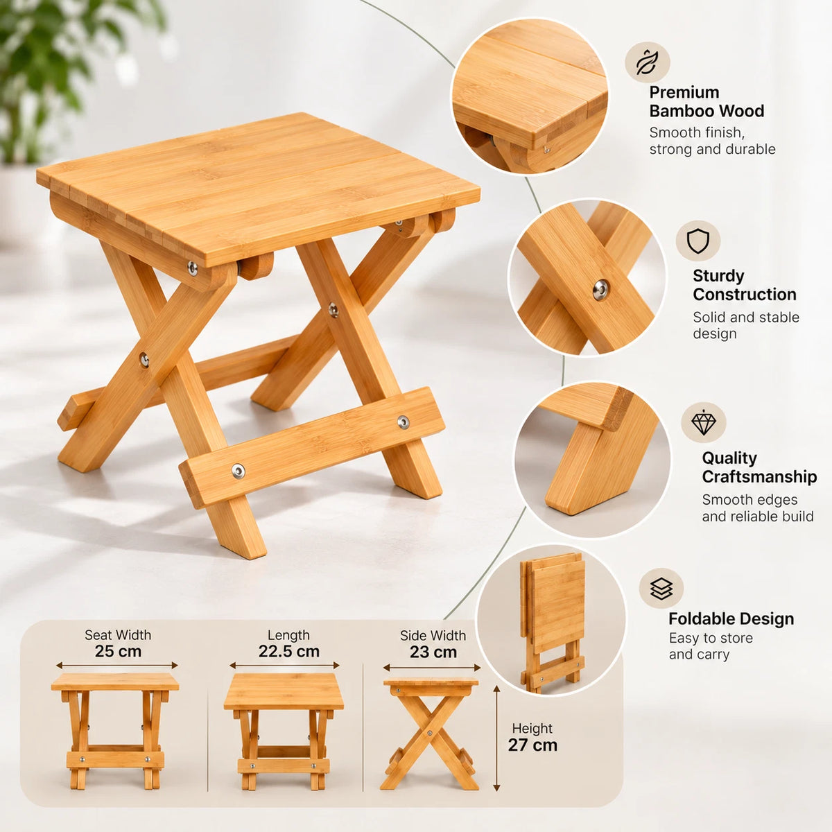 Bamboo Step Stool Foldable Camping Seat Bathroom Sauna Beach Multi Purpose Home