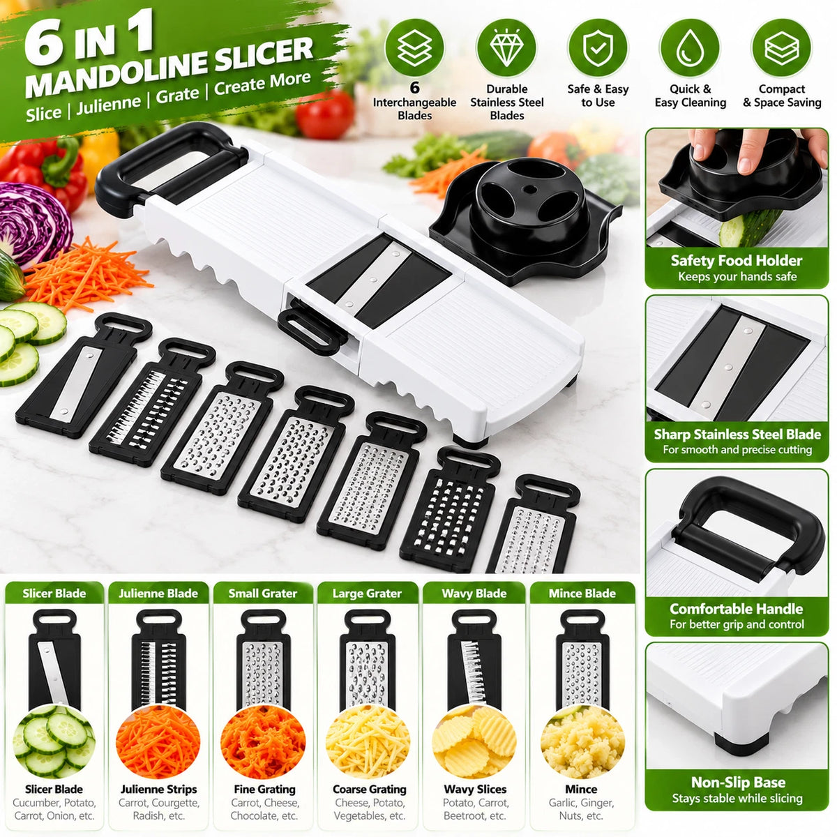 6 in 1 Mandoline Slicer Vegetable Cutter Grater Julienne Potato Slicer Shredder