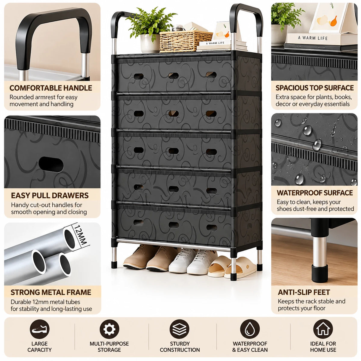 5 Tier Shoe Rack Storage Organiser Hallway Entryway Metal Stand Space Saving NEW