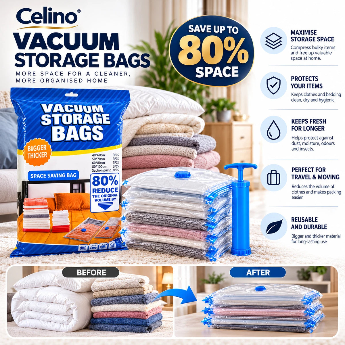 12 Pack Vacuum Storage Bags with Pump Space Saver Spacing Saving Organiser S M L