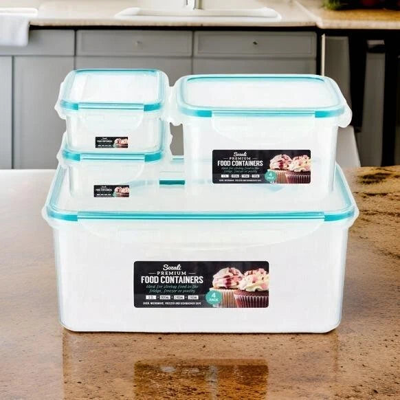 4pk Plastic Food Storage Containers Airtight Clip Lock Kitchen 3.3L +0.9+0.24ml