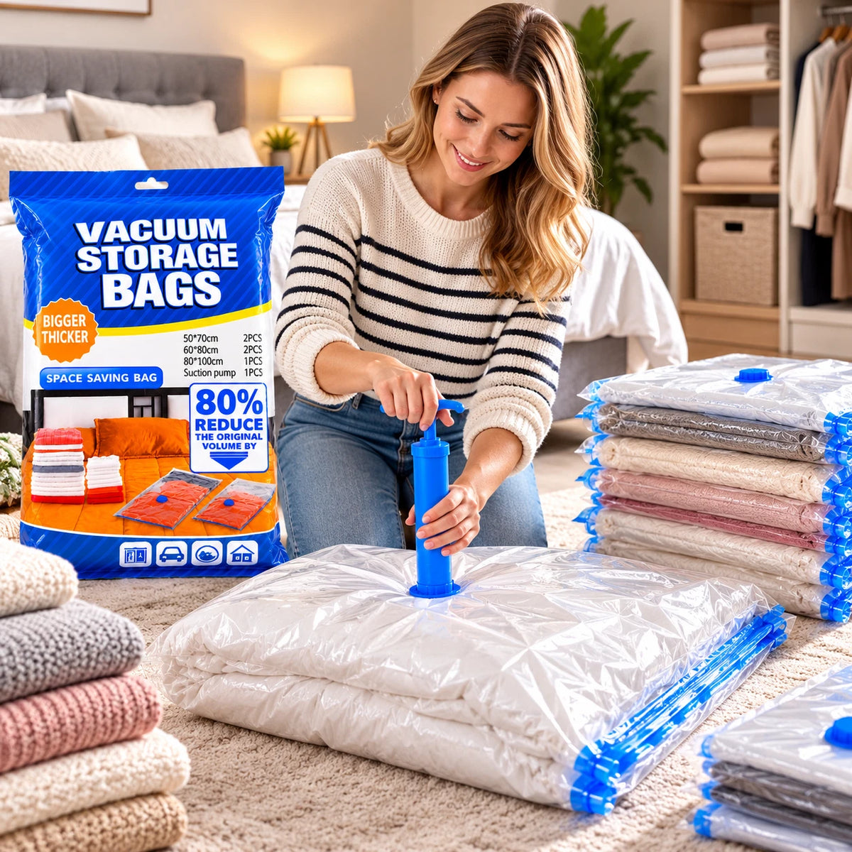 5pcs Vacuum Storage Bags with Pump Space Saver Clothes Home Organiser M L XL