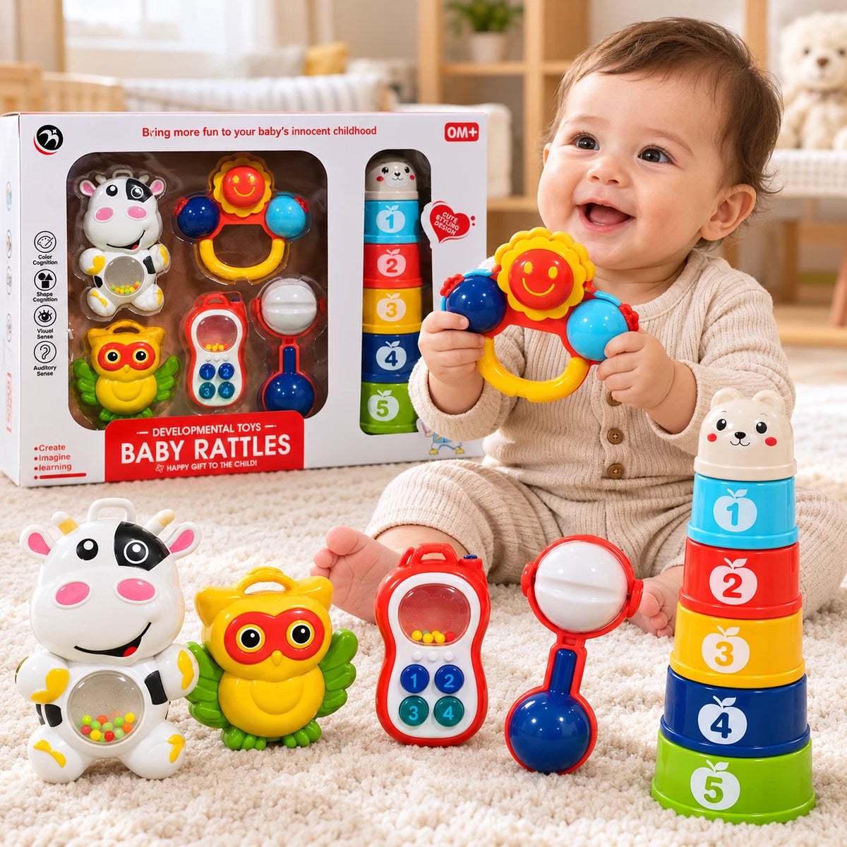 Baby Rattles And Stacking Cups Set Development Learning Activity Toys Gift Set