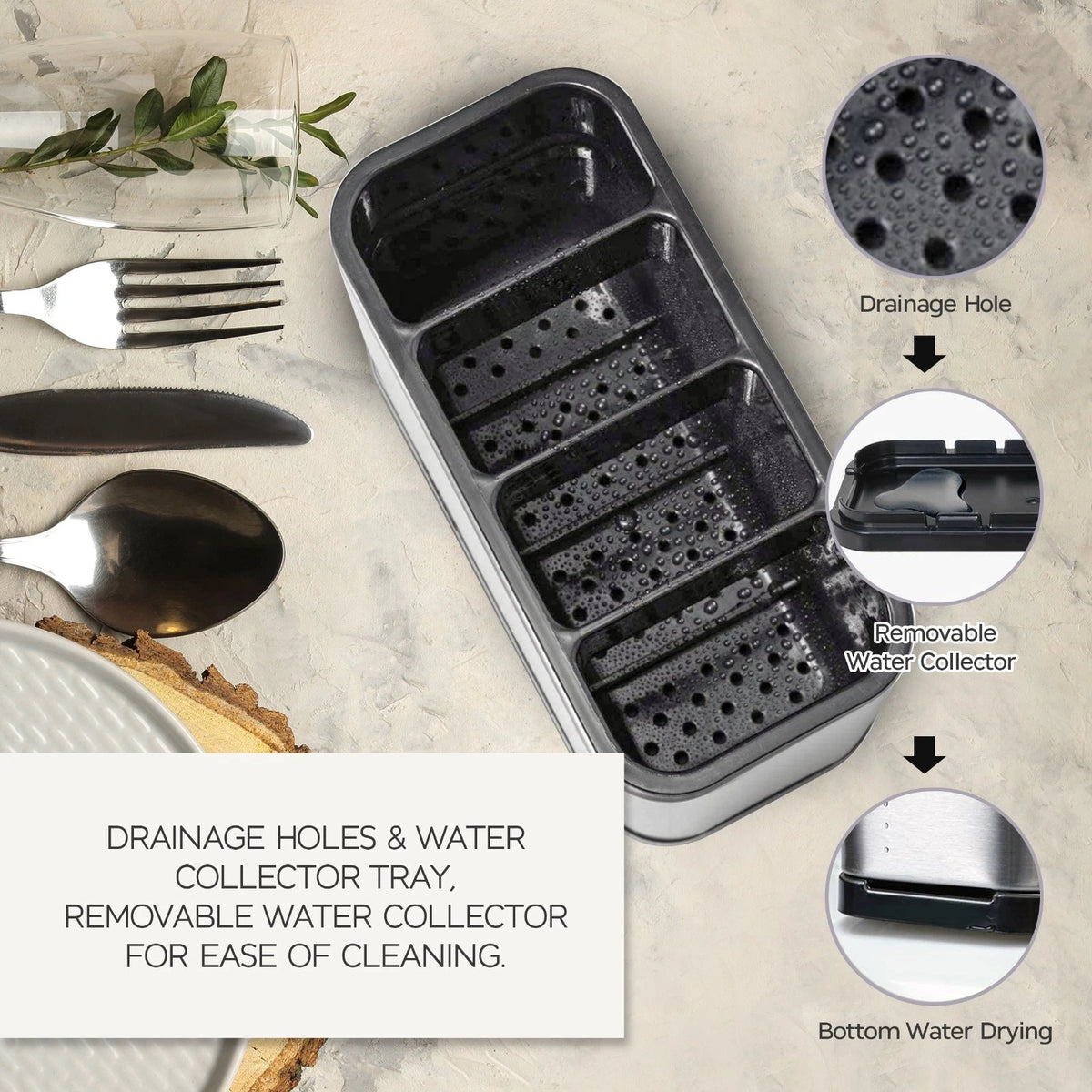 Stainless Steel Utensil Holder with 4 Compartments Draining Base Kitchen Storage