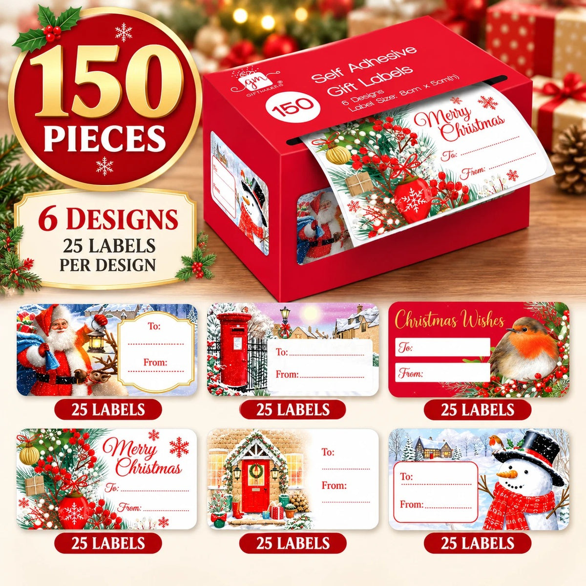 150 Traditional Christmas Gift Tags Sticker Sticky Self Adhesive Stickers Labels
