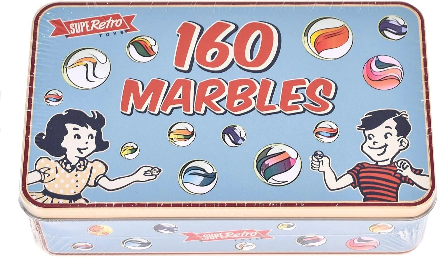 160 Classic Glass Marbles Toys in Vintage Storage Box Tin Novelty Children Boys