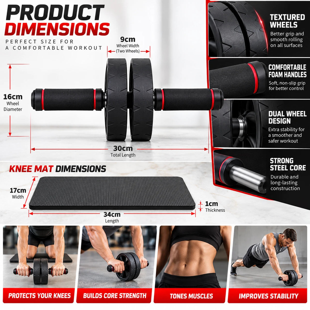 Ab Wheel Exercise Roller Gym Knee Mat Abdominal Core Strength Workout Fitness