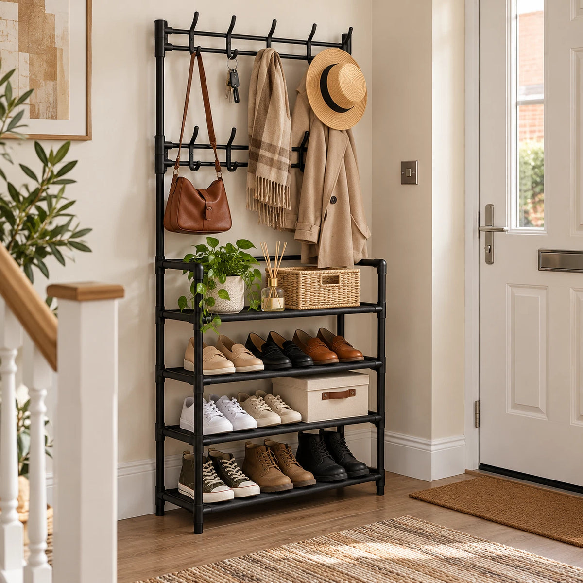 Coat Rack With Shoe Storage Organiser Unit 4 Tier Plastic 8 Hooks Space Saving