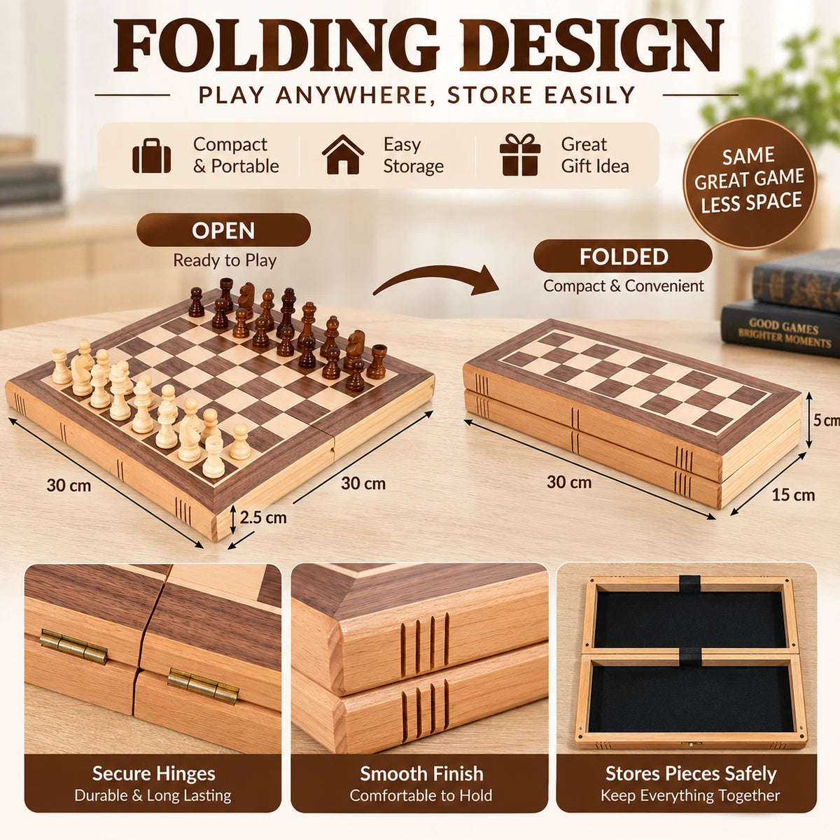 2 in 1 Folding Wooden Chess And Draughts Board Games Set Travel Portable Gift