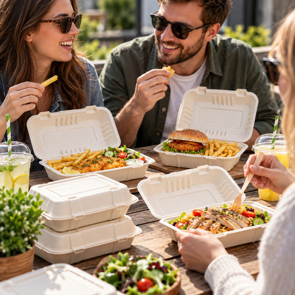 Clamshell Bagasse Takeaway Food Containers Meal Boxes 9x6 inch Eco Friendly