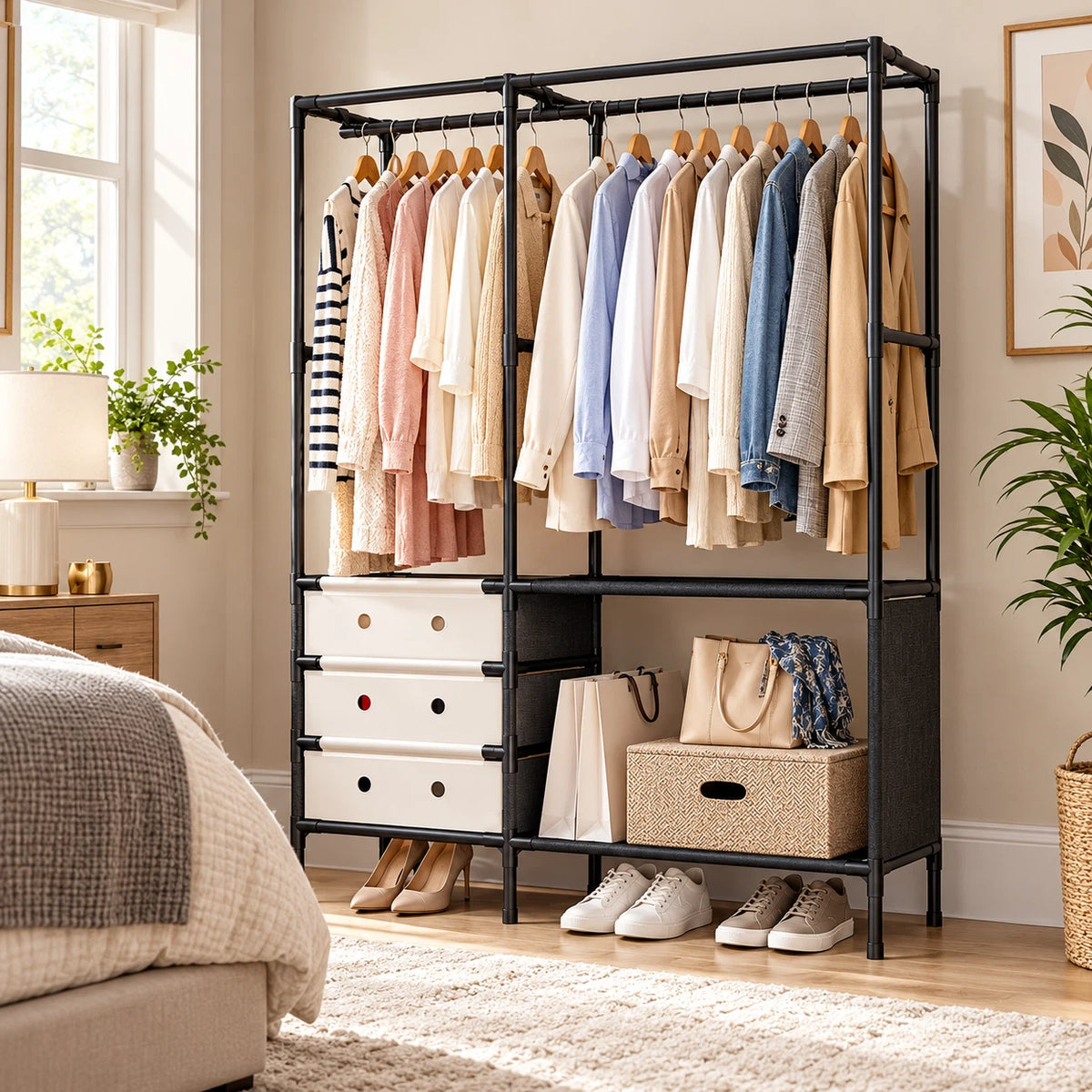 Portable Wardrobe Clothes Storage Closet Organiser With Drawers Hanging Rail