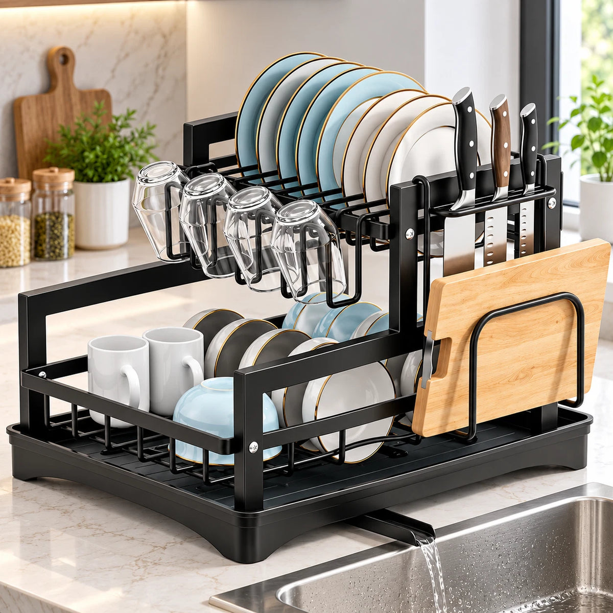 2 Tier Dish Rack Metal Black Cutlery Plates Cup Holder Kitchen Storage Organiser