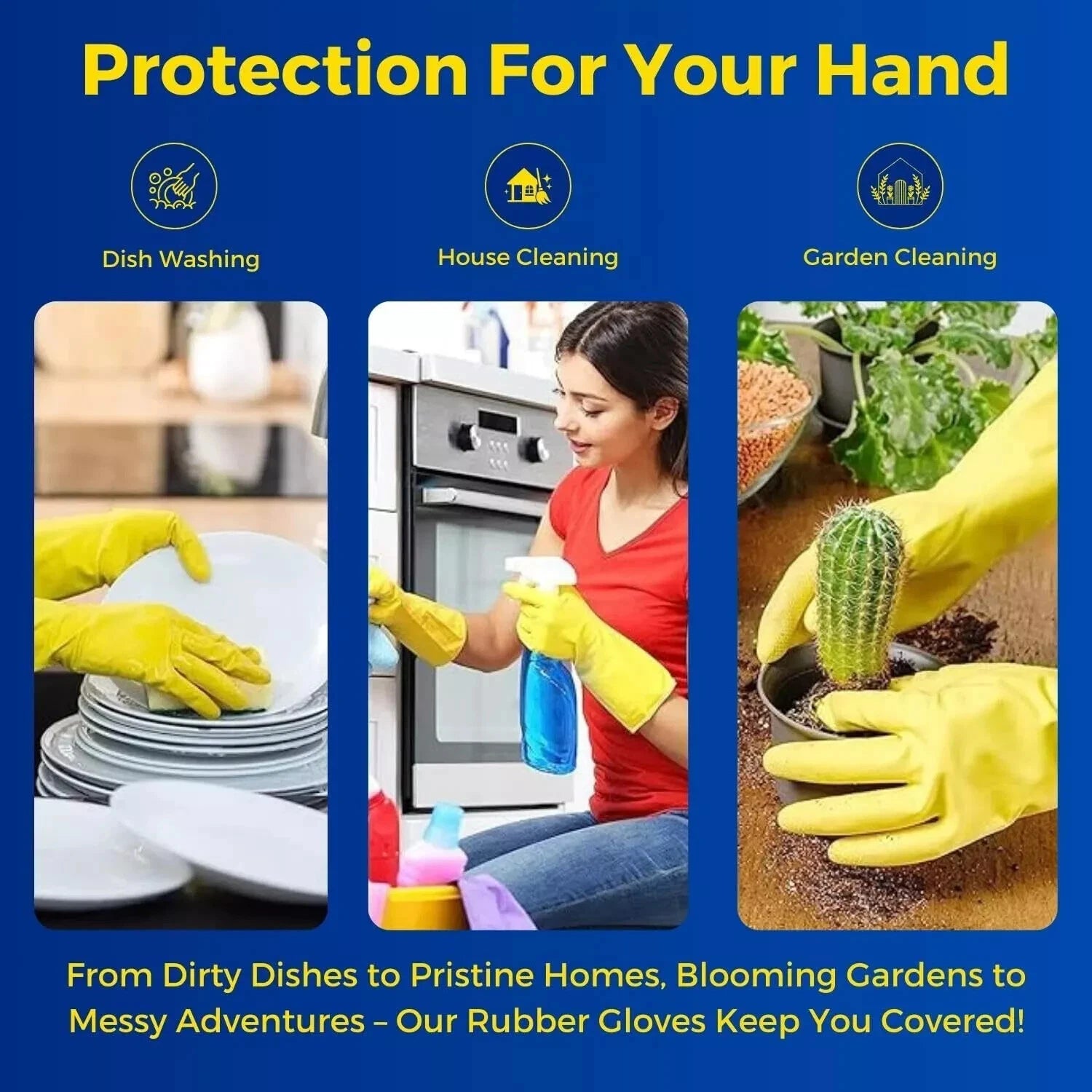 1 Pair Cleaning Gloves Yellow Heavy Duty Rubber Non-Slip Kitchen Bathroom Dishes