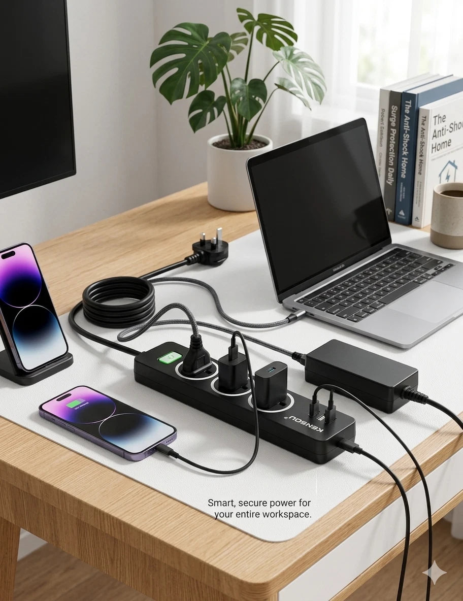 3 Way Extension Lead Surge Protected Power Strip 3 USB Ports UK Plug 1.6M Cable