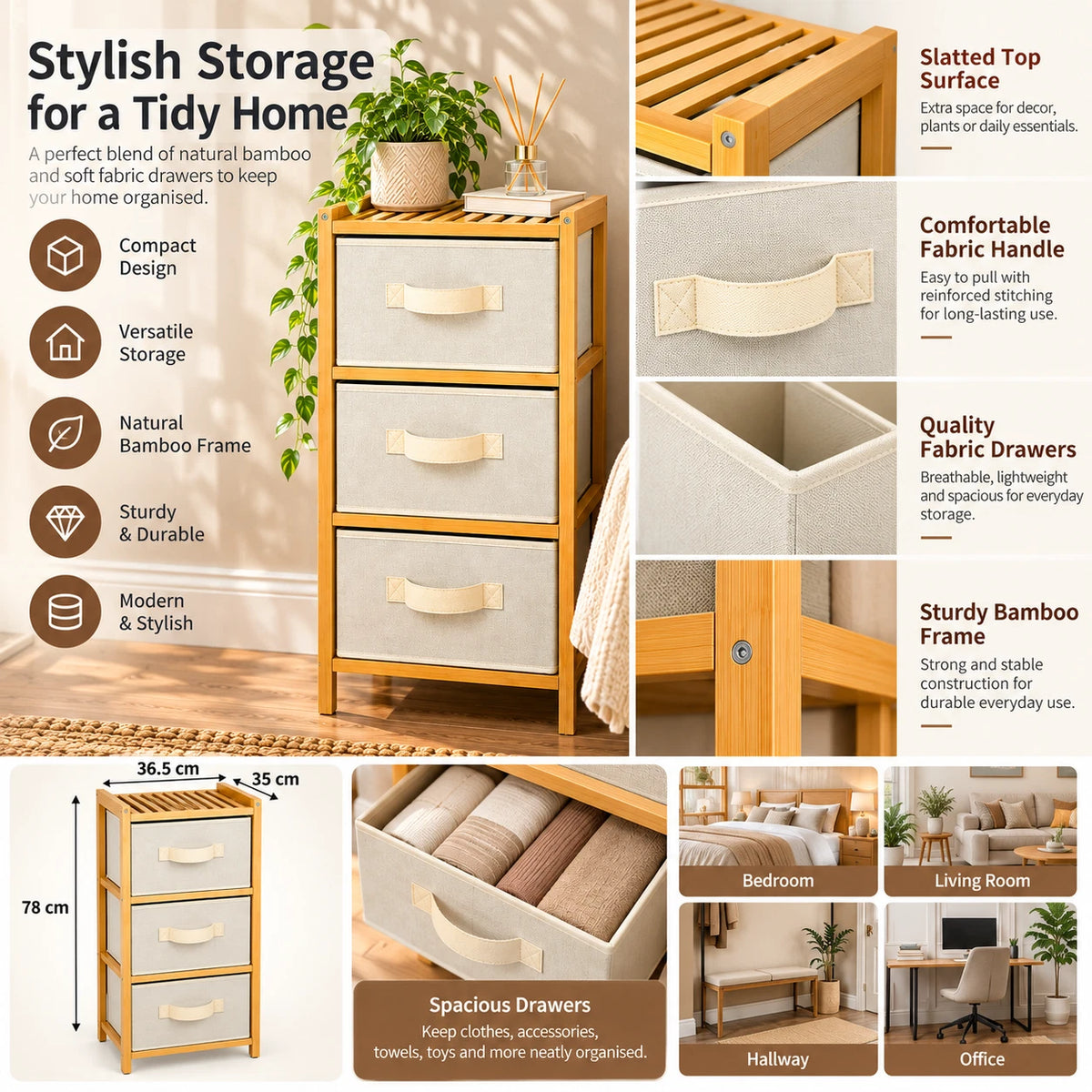 Bamboo 3 Chest of Drawers Fabric Bedroom Bedside Organiser Dresser Storage Unit