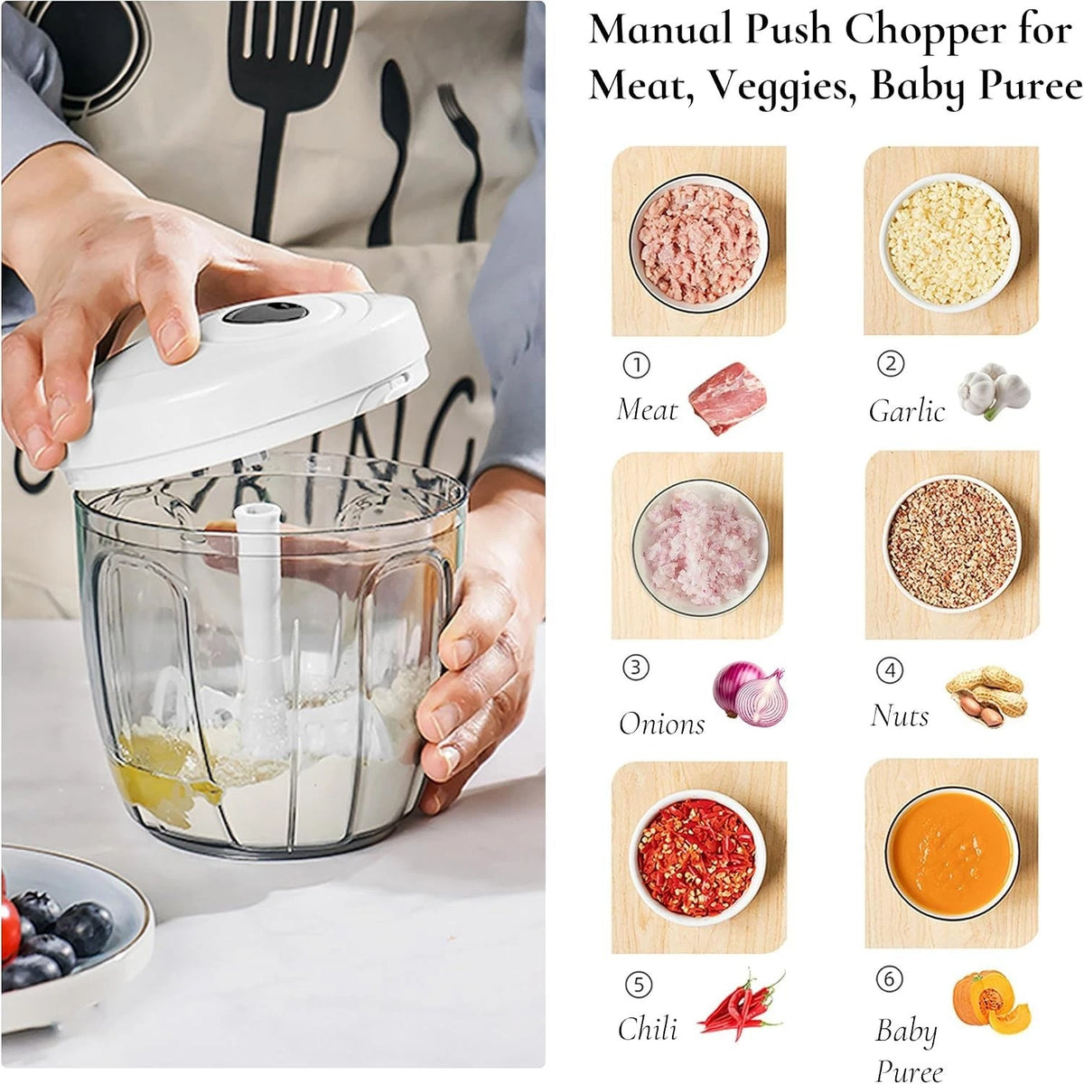 Manual Food Chopper 900ml Vegetable Chopper with Pull Cord Onion Garlic Slicer