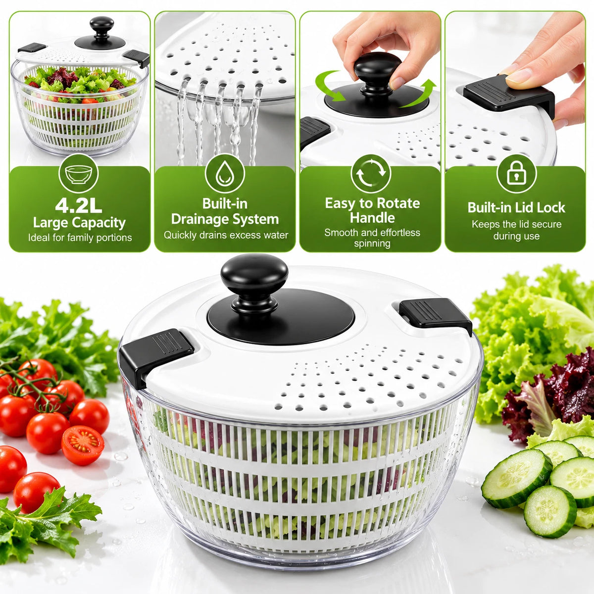 Salad Spinner 4L Lettuce Washer Vegetable Dryer Colander Strainer Drainer Bowl