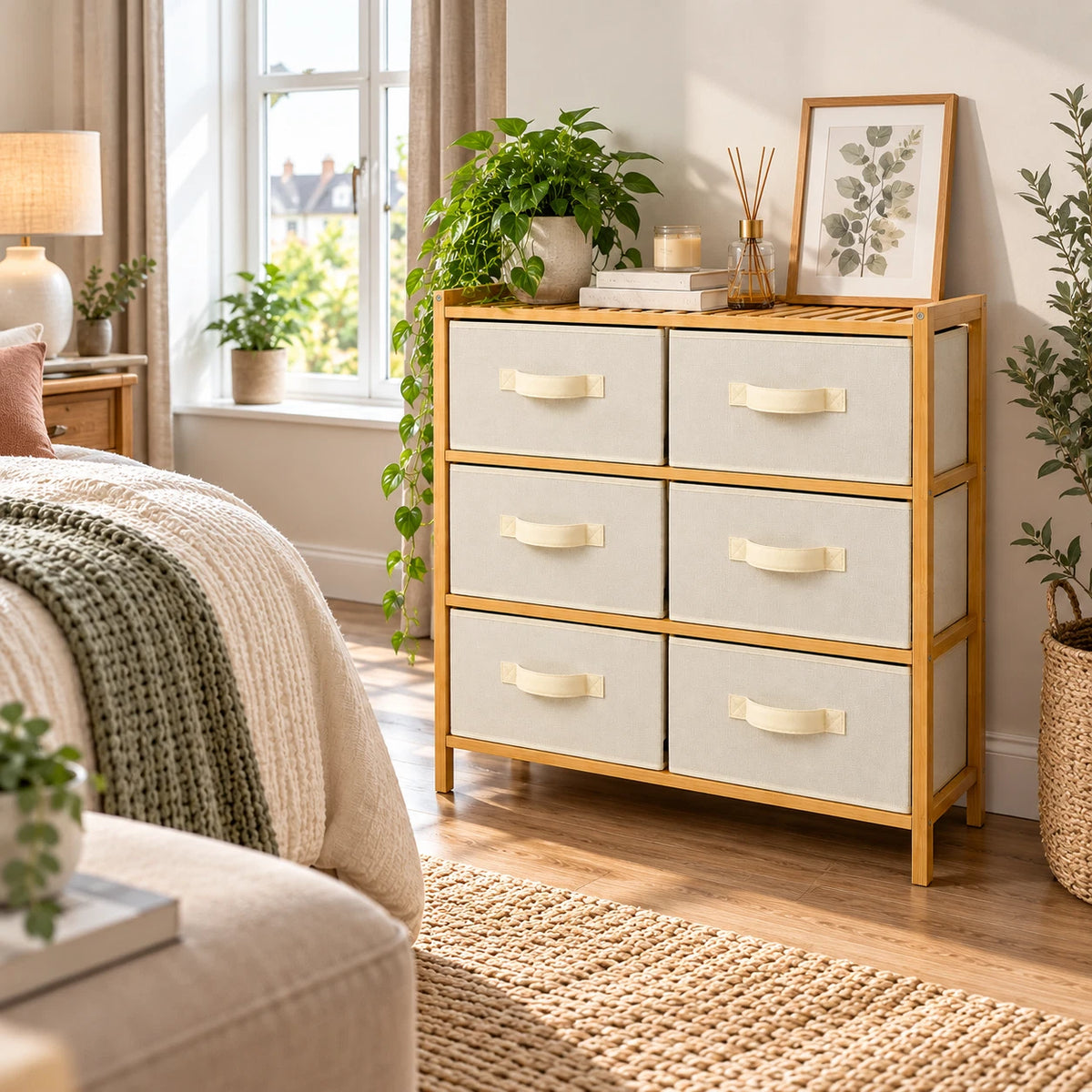 6 Chest of Drawers Fabric Bamboo Top Storage Unit Bedroom Dresser Living Room