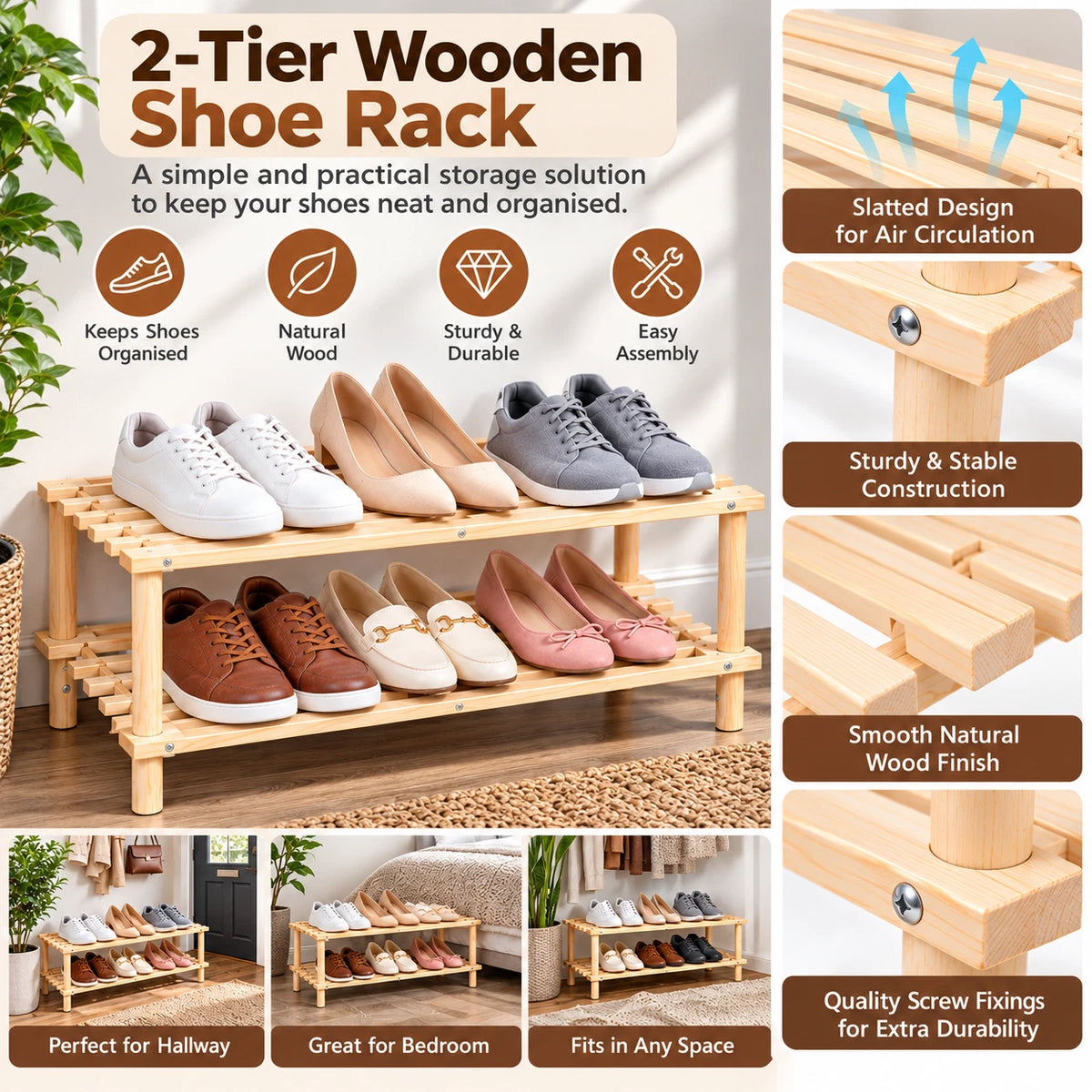 2 Tier Bamboo Shoe Rack Plant Rack Bathroom Storage Organiser Unit Shelf Hallway