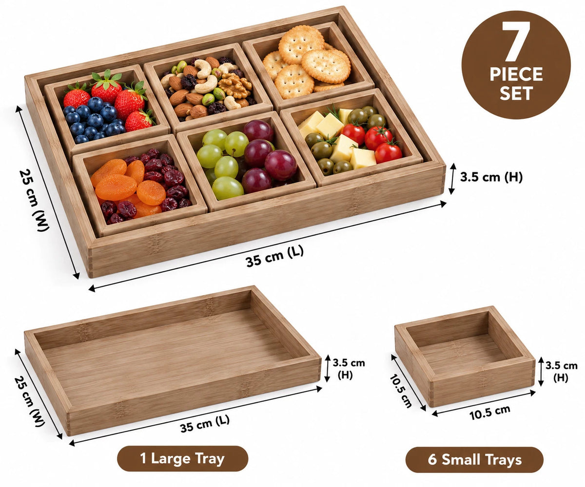 7pc Bamboo Serving Tray Rectangular Food Platters Nuts Candy Storage Organiser