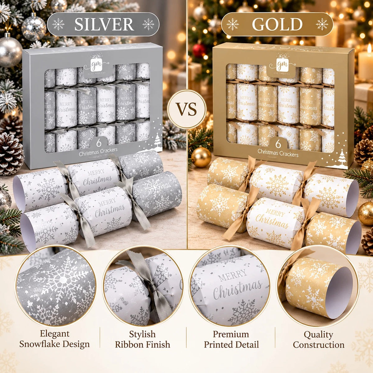 6 x Christmas Crackers Silver & Gold Snowflake 6 inch Dinner Table Xmas Gifts