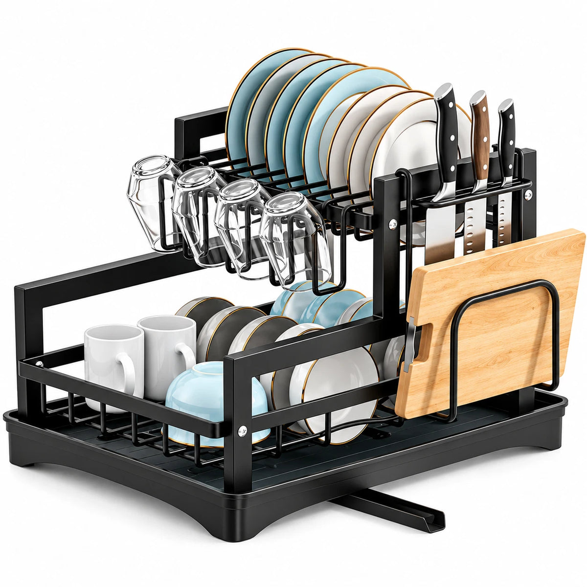 2 Tier Dish Rack Metal Black Cutlery Plates Cup Holder Kitchen Storage Organiser