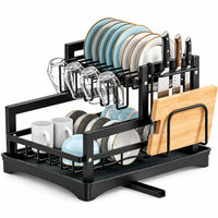 2 Tier Dish Rack Metal Black Cutlery Plates Cup Holder Kitchen Storage Organiser