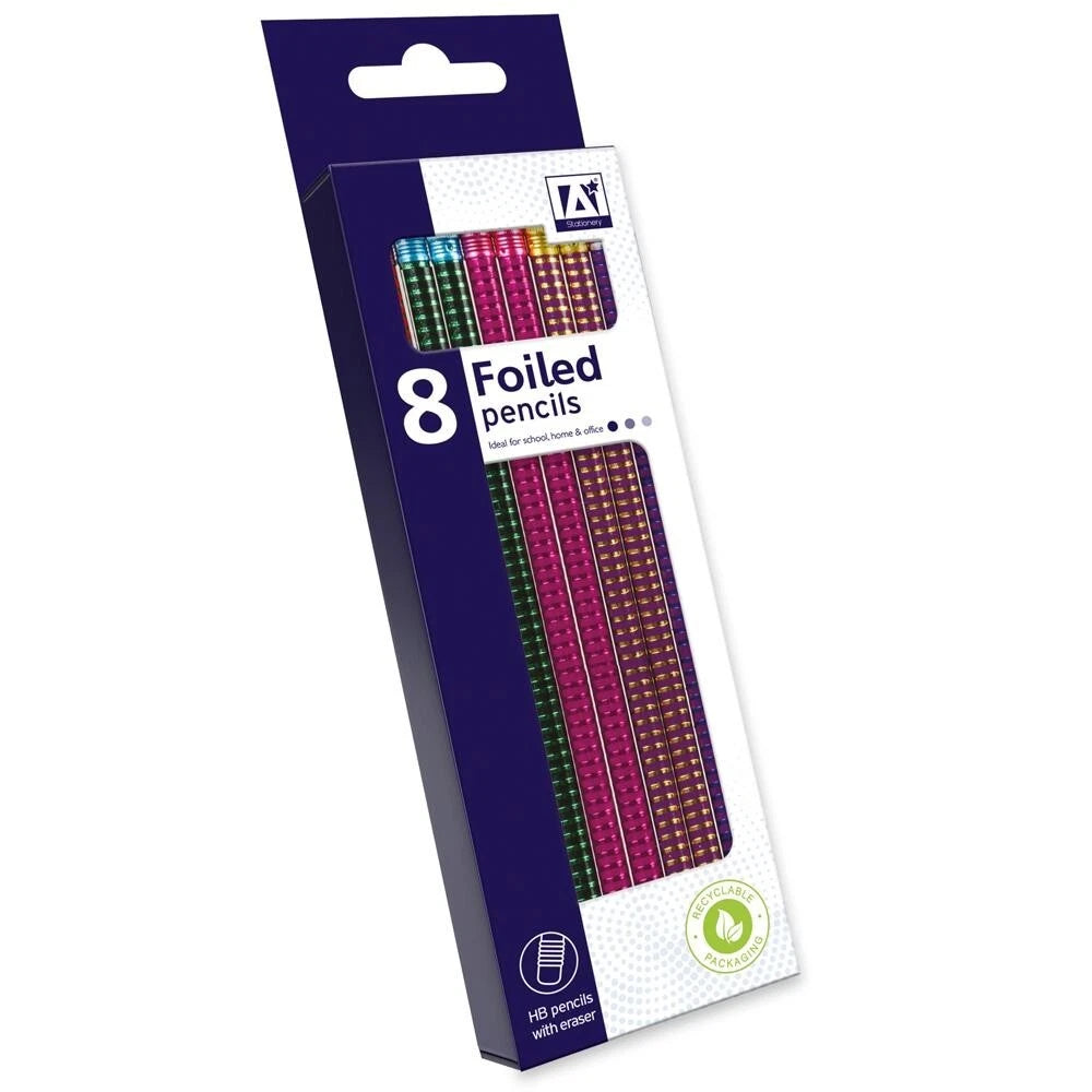 8 x Foiled HB Pencils with Eraser | Rubber Tip Back to School Exam Stationery Set