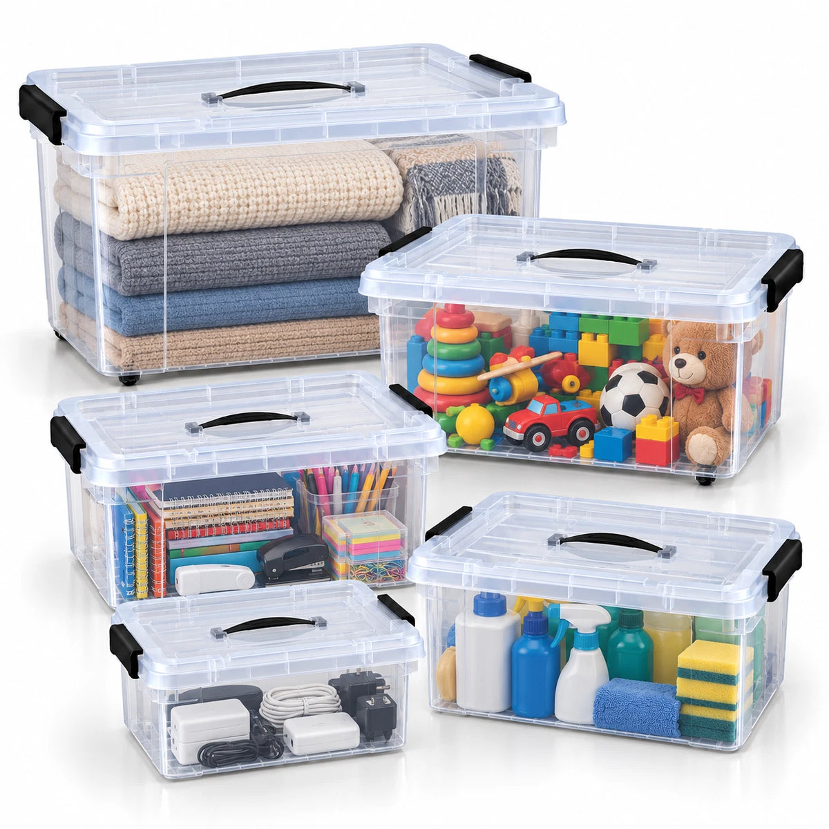 Clear Plastic Storage Boxes with Lids Stackable Box Strong Home Office Kitchen