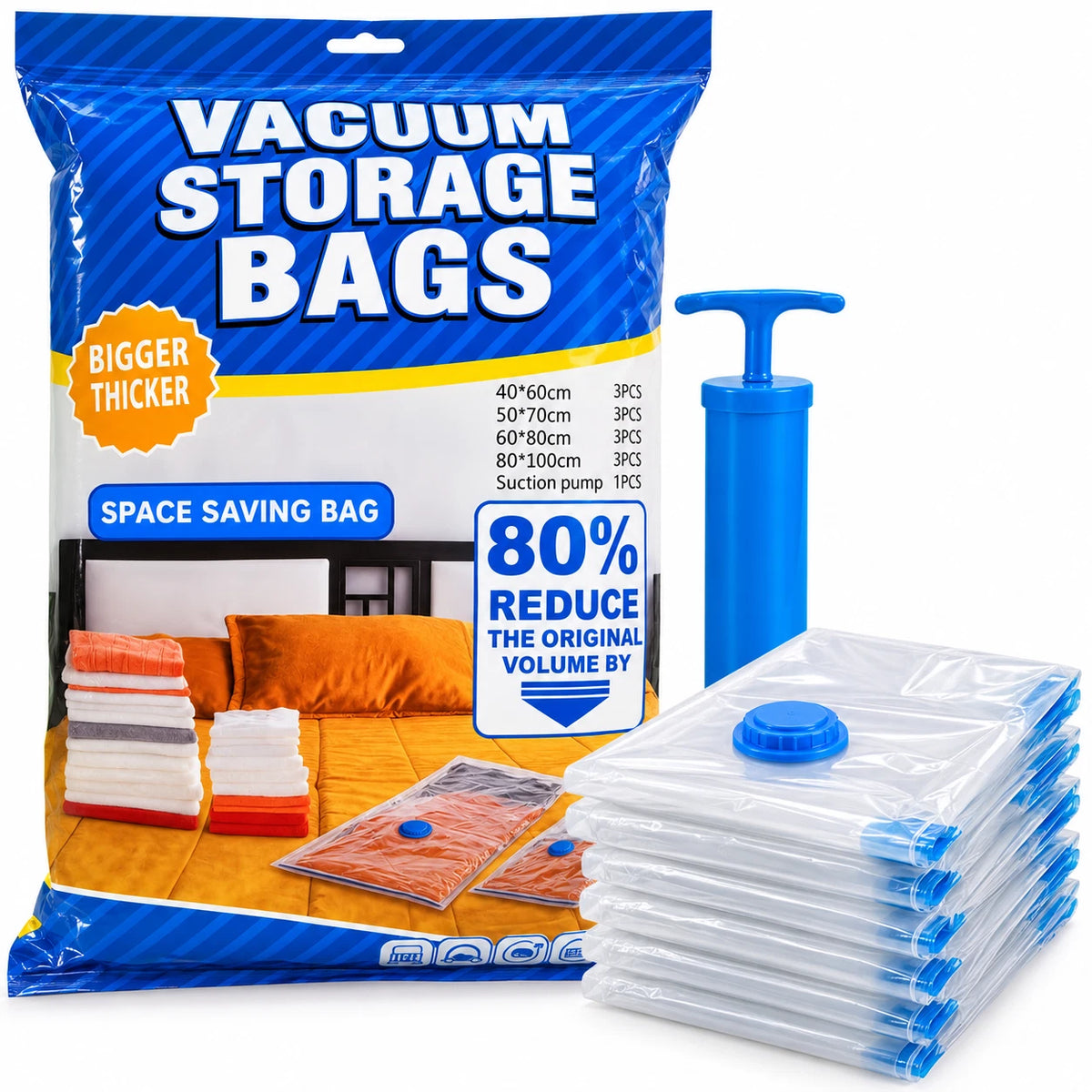 12 Pack Vacuum Storage Bags with Pump Space Saver Spacing Saving Organiser S M L