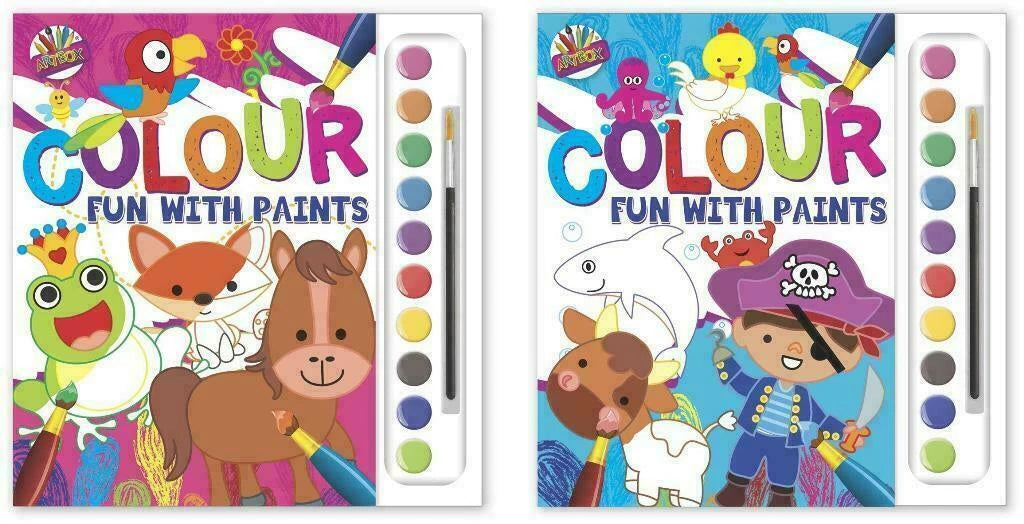 A4 Colouring Book With Water Colour Paints Brush Kids Children Fun Activity Book