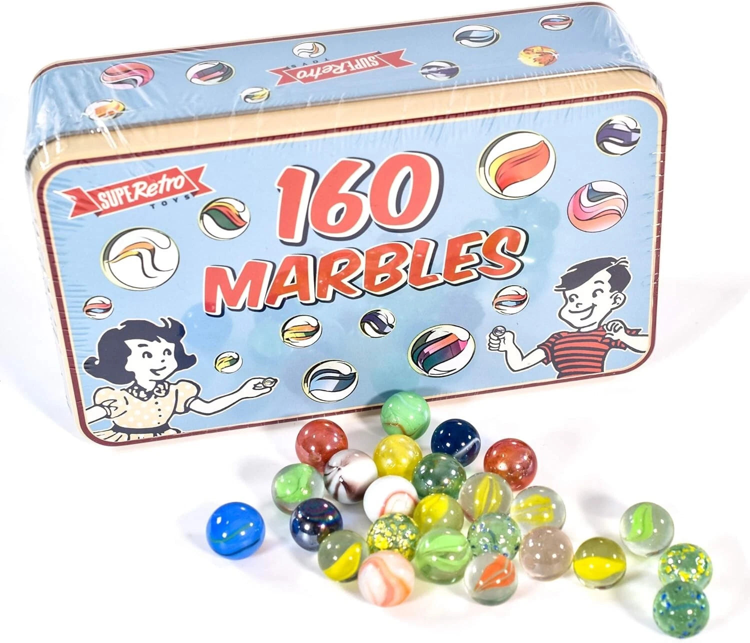 160 Classic Glass Marbles Toys in Vintage Storage Box Tin Novelty Children Boys