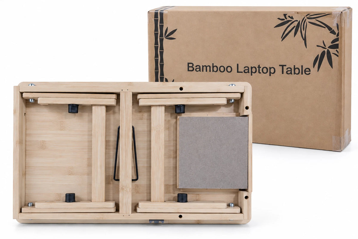 Bamboo Folding Laptop Table Stand With Storage Adjustable Bed Breakfast Tray