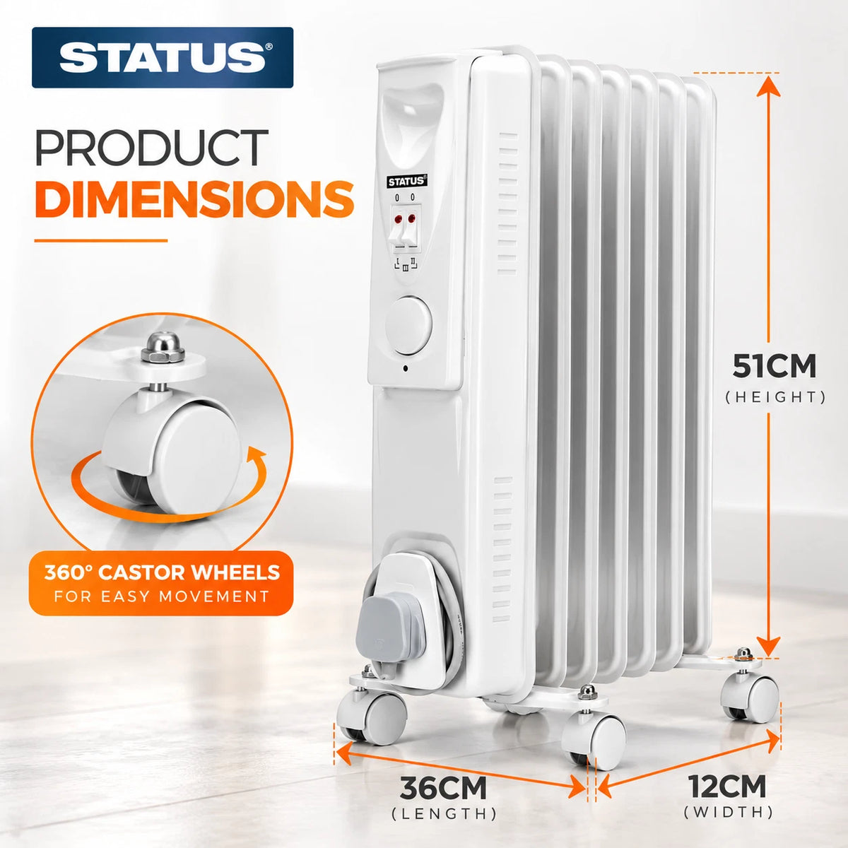 7 Fin Portable Oil Filled Radiator Electric Heater Thermostat 1500W Home Office