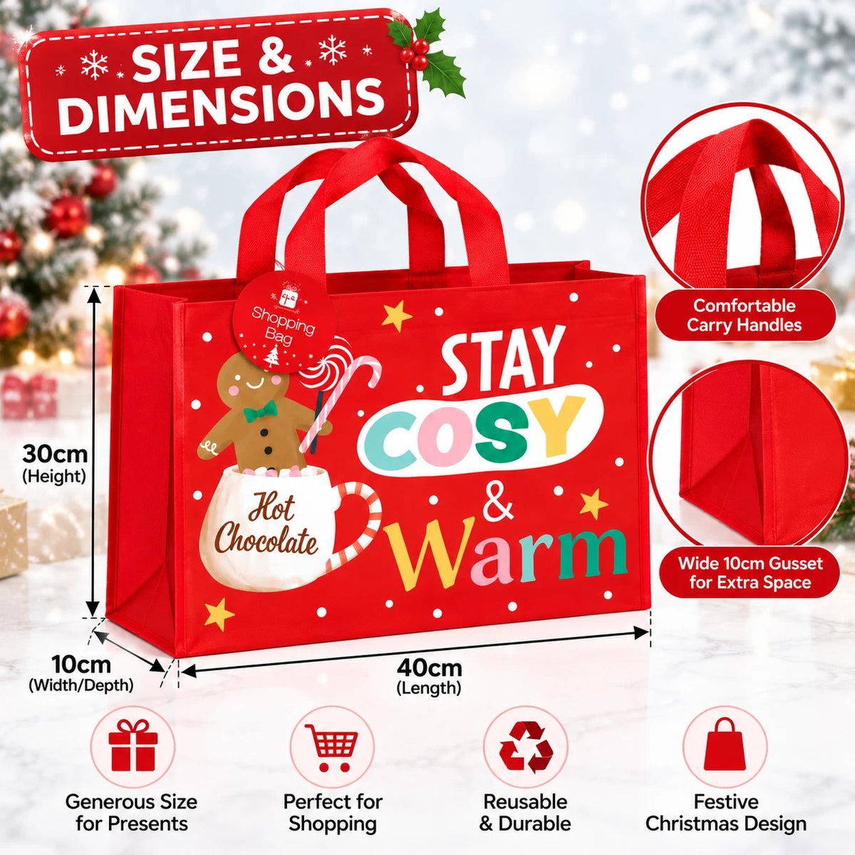 Christmas Shopping Bags Grocery Reusable Tote Bag Handle Waterproof 30x40x10cm