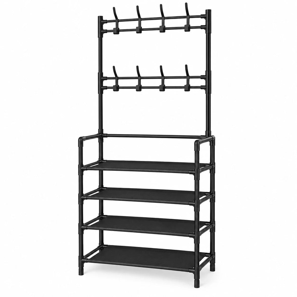 Coat Rack With Shoe Storage Organiser Unit 4 Tier Plastic 8 Hooks Space Saving