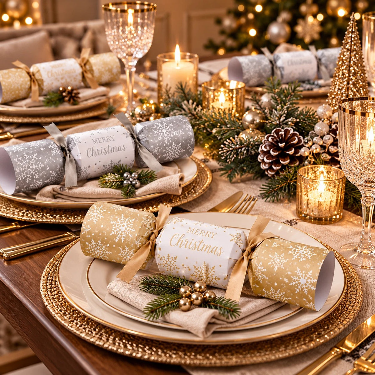 6 x Christmas Crackers Silver & Gold Snowflake 6 inch Dinner Table Xmas Gifts