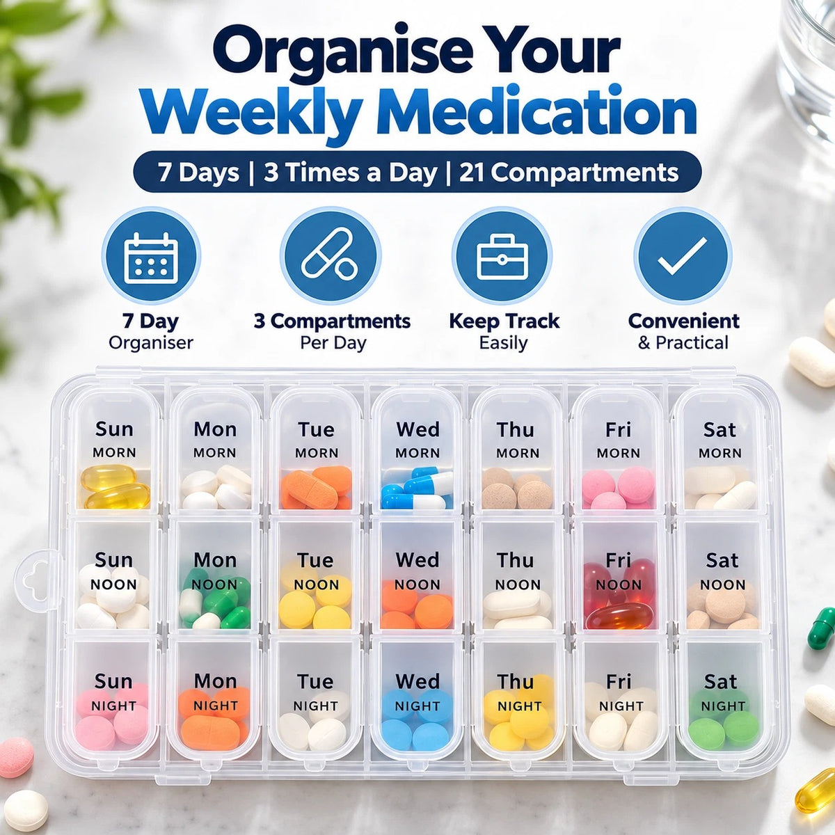 Weekly Pill Box Organiser 3 Times a Day 7 Days Tablet Organiser Portable Compact