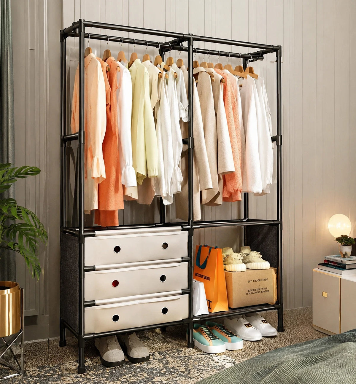 Portable Wardrobe Clothes Storage Closet Organiser With Drawers Hanging Rail