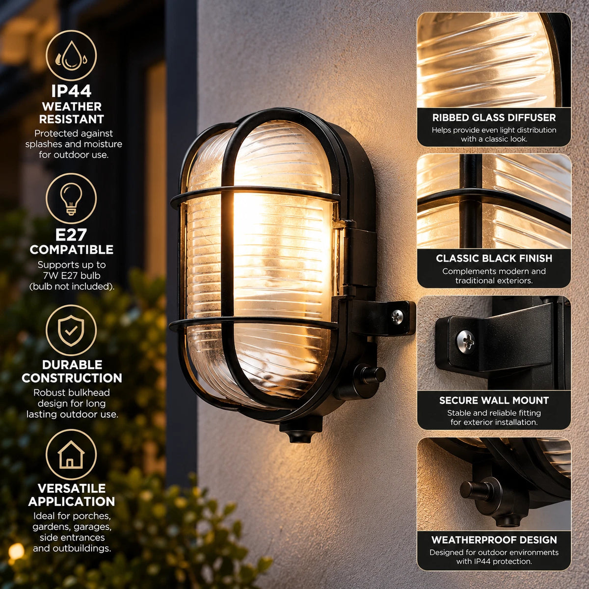 Outdoor Bulkhead Wall Lights IP44 Garden Porch Security Wall Light Fitting Black