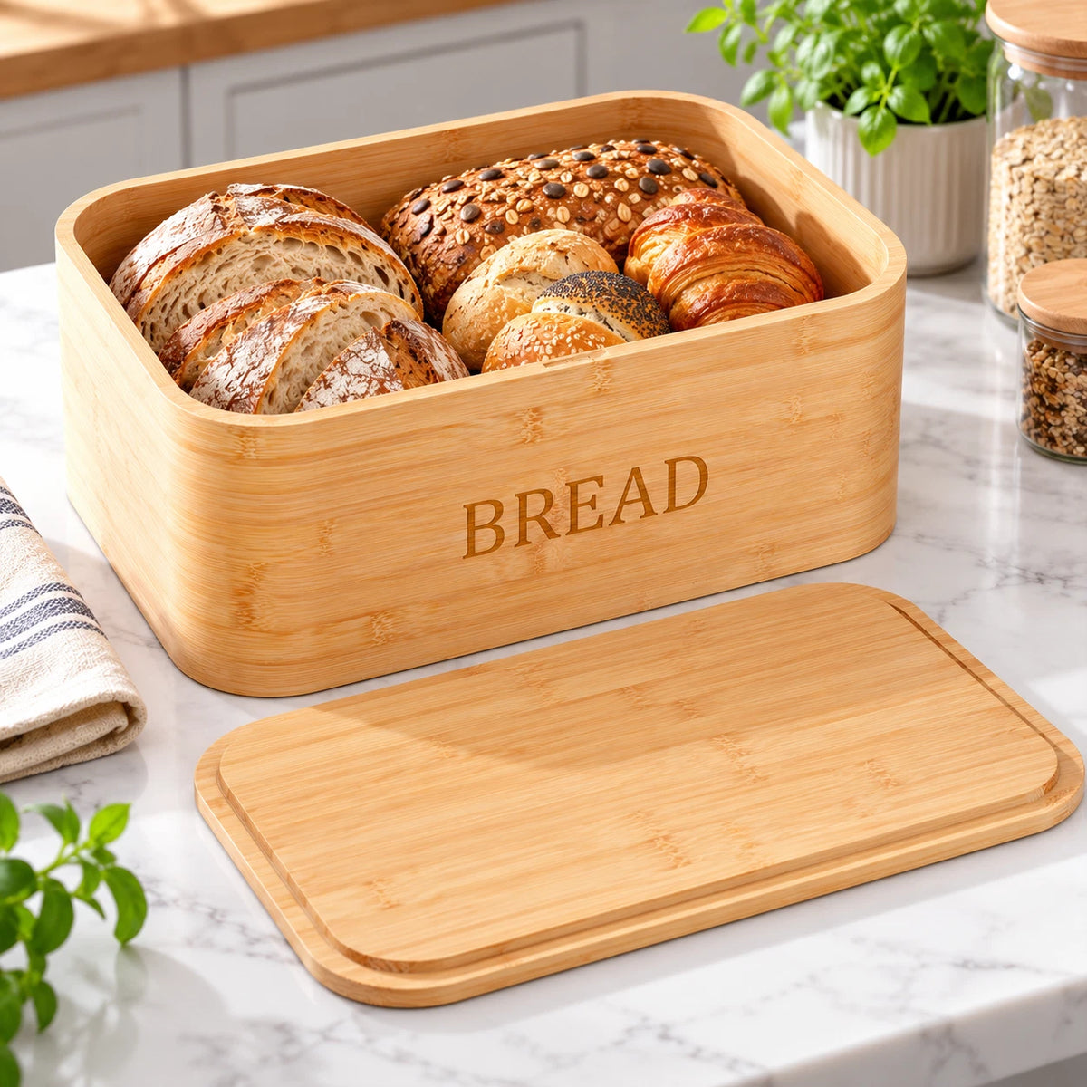 Bamboo Bread Bin with Chopping Board Lid Bread Box Kitchen Food Storage Counter