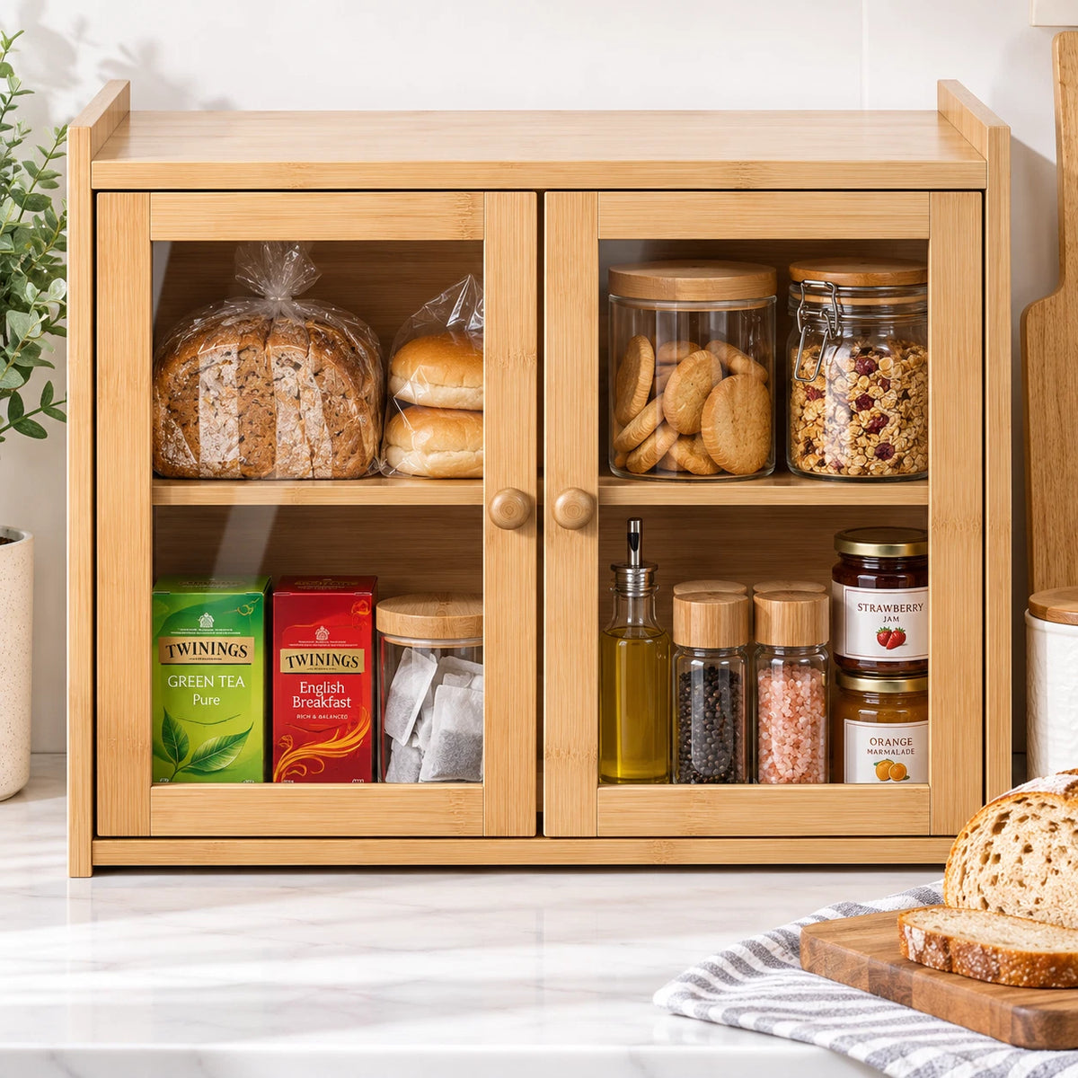 Bamboo Bread Bin Box Kitchen Countertop Storage Cabinet 2 Tier Compact