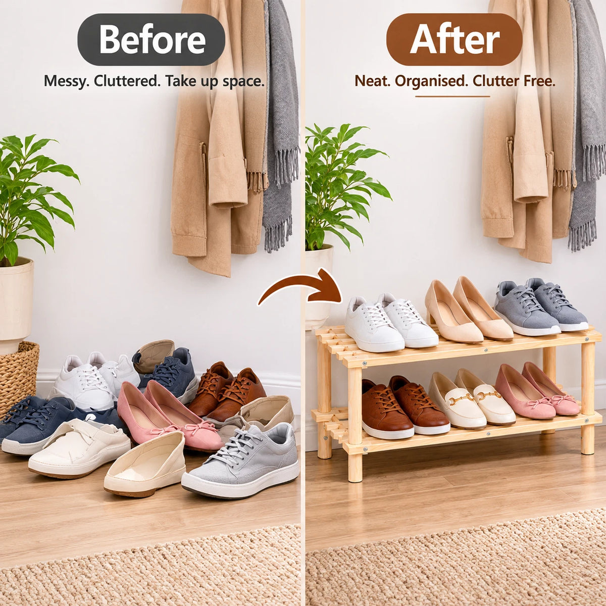 2 Tier Bamboo Shoe Rack Plant Rack Bathroom Storage Organiser Unit Shelf Hallway