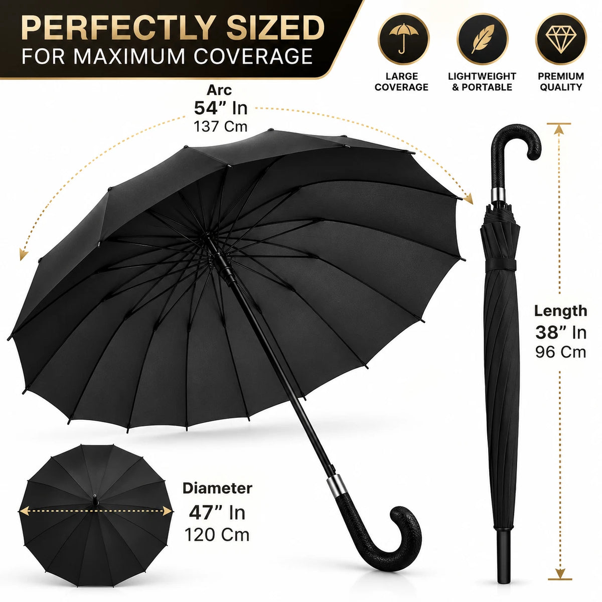 54” Large Umbrella Windproof Strong Brolly For Men Women Automatic Оpen Anti UV