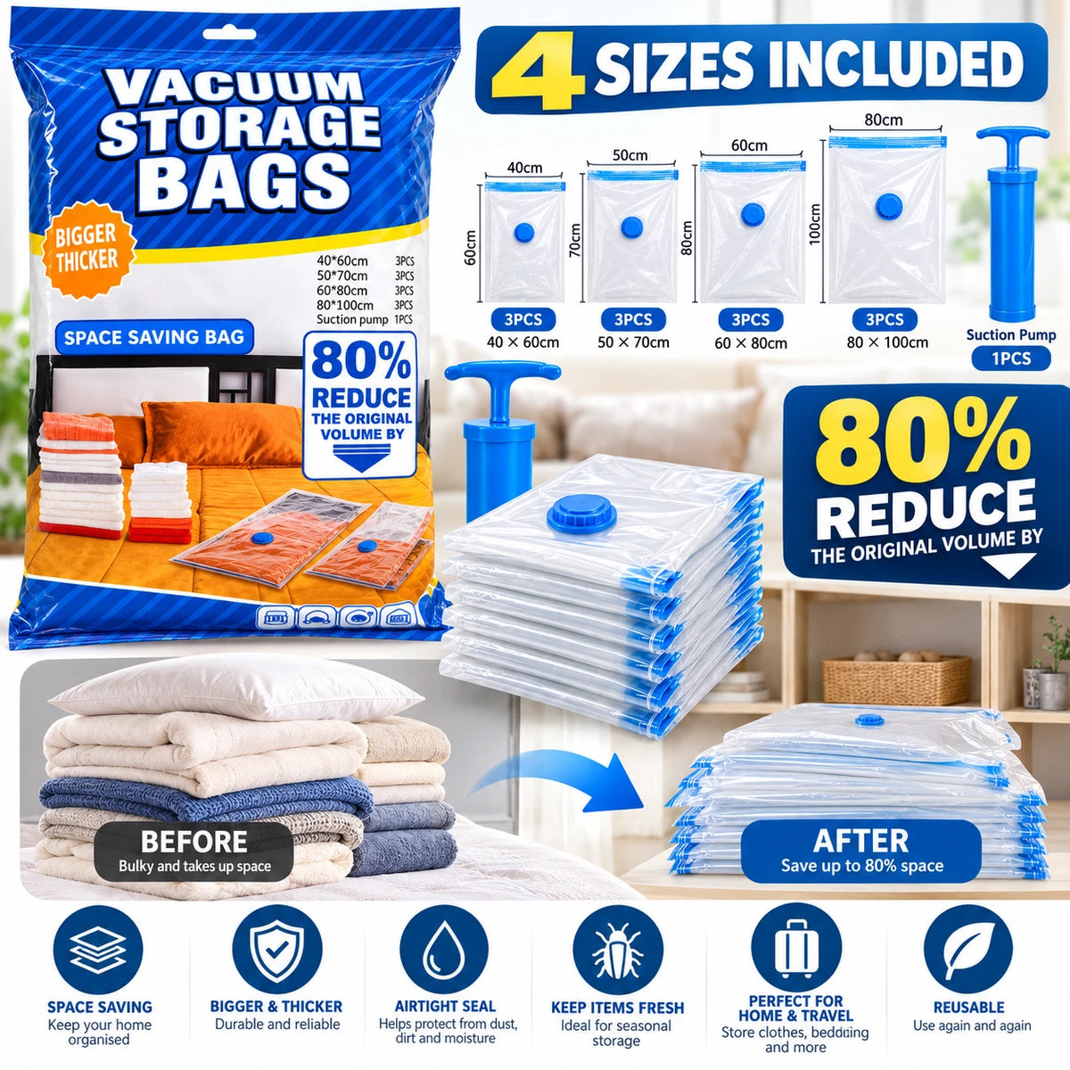 12 Pack Vacuum Storage Bags with Pump Space Saver Spacing Saving Organiser S M L